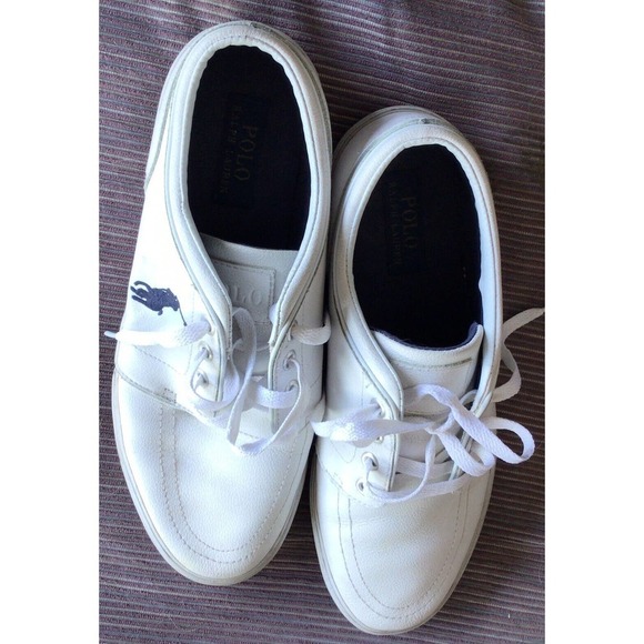 Polo Ralph Lauren Mens Faxon Low Cut White Sport Leather Shoe Size9.5 Used - Picture 1 of 11